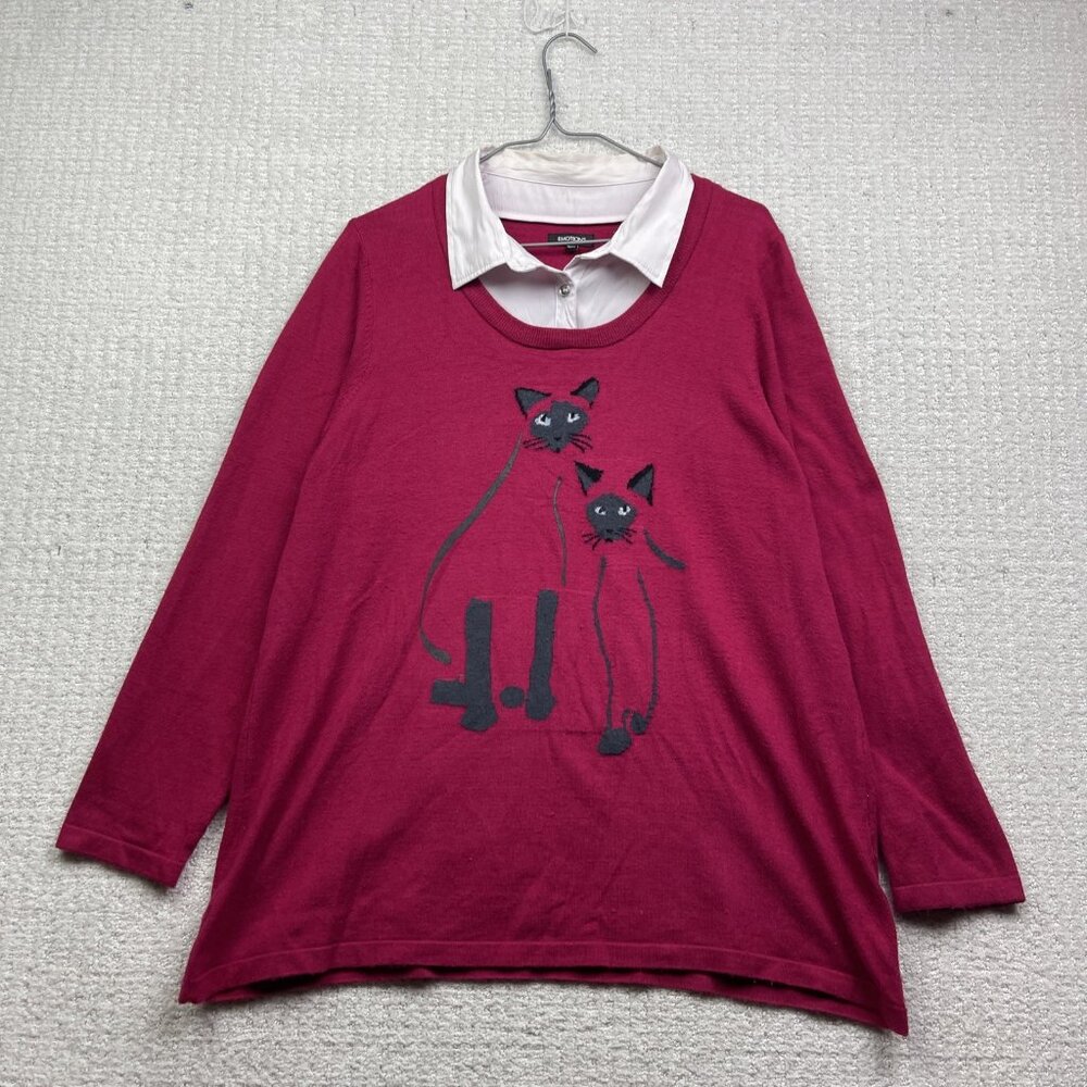 Retro Emotion Collared Sweatshirt Wom XL Abstract Cat Lady Pullover Pink Artsy